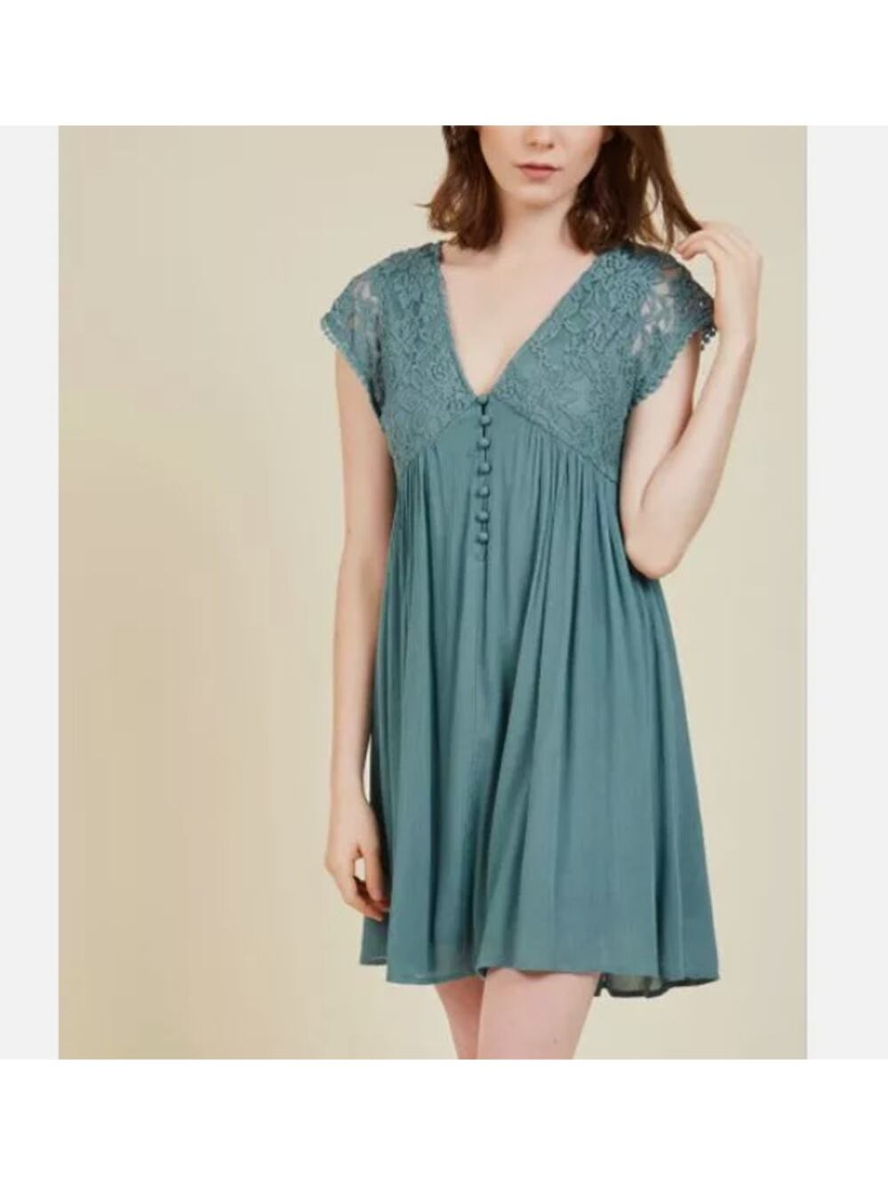 SHE & SKY Lace Mini Dress V-Neck Button Front Cap Sleeve Teal Blue Size Medium